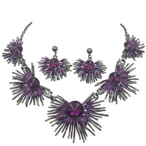 Purple Gun Metal Burst Spike Necklace Earrings Set